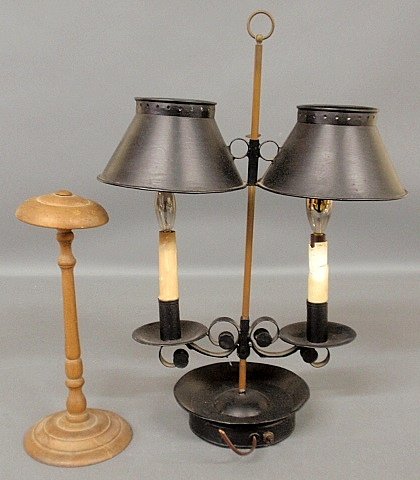 Black Tole decorated double-arm table lamp 9.5"h. and a: Black Tole decorated double-arm table lamp 9.5"h. and a maple wig stand 12"h.