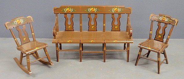 Child's Pennsylvania style paint decorated plank bottom: Child's Pennsylvania style paint decorated plank bottom settee with a matching side chair and rocker, signed "April '50', Ephrata, Pa.". Settee- 21.5"h.x33"w.x11.5"d., seat 10"h.
