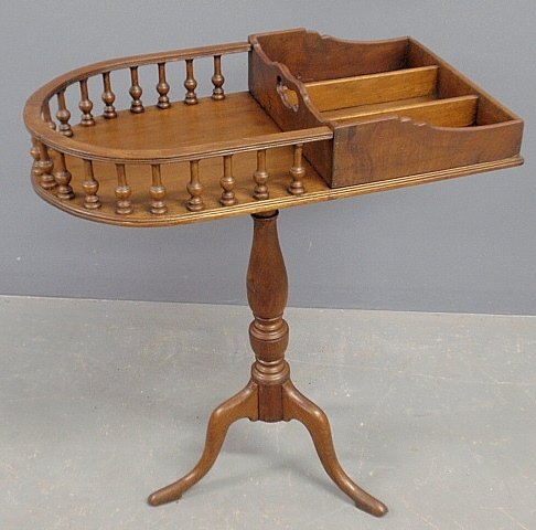 English mahogany horseshoe shaped butler's table with: English mahogany horseshoe shaped butler's table with baluster carved galleried top. 30"h., top 26"x14"