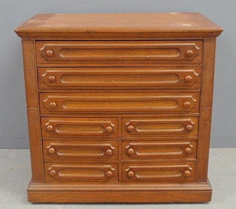 Large oak spool cabinet, late 19th c., with nine: Large oak spool cabinet, late 19th c., with nine drawers and molded base. 28"x.x30.5"w.