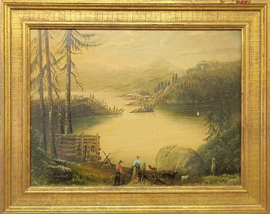 Oil on board painting of a lakeside campfire and log: Oil on board painting of a lakeside campfire and log cabin, signed verso "Jesse Reading(?), Topeka, Kansas 1879". Site 9"x11.5"