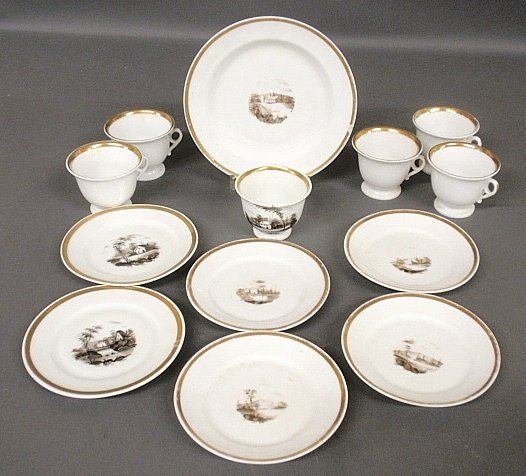 Group of Tucker, Philadelphia porcelain, c.1830- deep: Group of Tucker, Philadelphia porcelain, c.1830- deep dish 8.75"dia., 6 saucers with sepia landscape decoration 6"dia., and 6 cups, one with sepia landscape decoration.