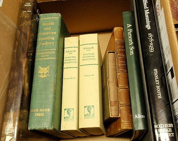 Books- eight books on equestrian art and book reference: Books- eight books on equestrian art and book reference to incl. 2 books- Scwerdt, Hunting, Hawking, Shooting, reprint; Lyme, Michael Parson’s Son, 1/1000; Aldin, Cecil Old Inns, full Morocco; art o