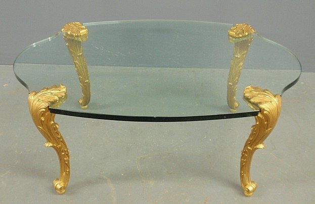 Fine Louis XVI style fire gilt brass and glass top: Fine Louis XVI style fire gilt brass and glass top coffee table, 20th c. 15.5"h., top 36"x23.5"