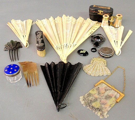 Misc. grouping to include two purses, one 4"h. signed: Misc. grouping to include two purses, one 4"h. signed "Whiting & Davis," & the other marked "German Silver", pair of Lemaire, Paris opera glasses, fans, hair combs, etc.