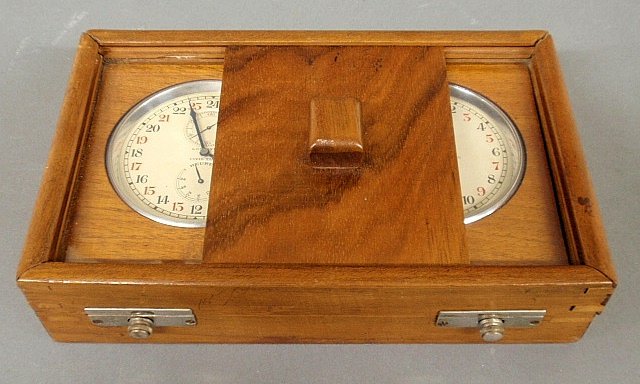 Cased Swiss Longines Civil Time and Greenwich Sidereal: Cased Swiss Longines Civil Time and Greenwich Sidereal time pieces. case 1.75"h.x7.5"w.x4.75"d.