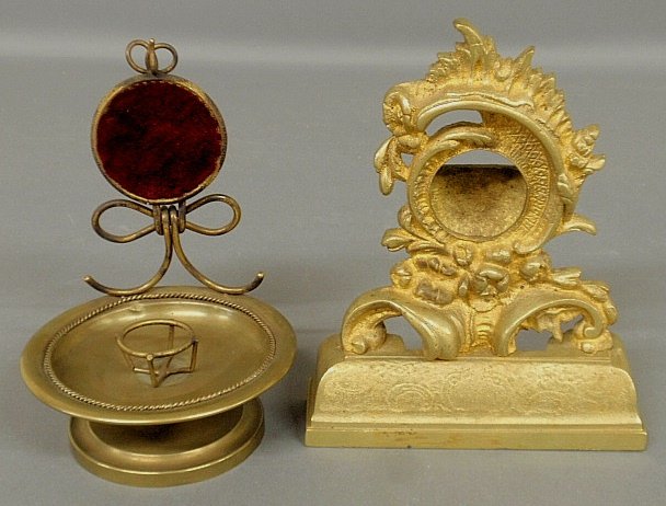 French fire gilt brass watch holder, mid-19th c.,: French fire gilt brass watch holder, mid-19th c., 8"h.x6"w. tog. w/another watch holder.