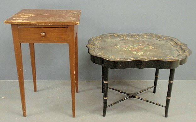 Victorian lacquerware tray on a stand of a later date,: Victorian lacquerware tray on a stand of a later date, 20"h.x30"w., tog. w/a Hepplewhite stand, 28.5"h., as found.