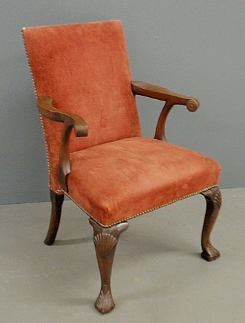 Chippendale style lolling chair with red upholstery: Chippendale style lolling chair with red upholstery signed Kittinger. 35"h.x24"w.x24"d., seat 19"h.