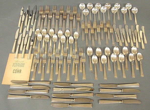 Danish sterling silver flatware service by Cohr TI: 12: Danish sterling silver flatware service by Cohr TI: 12 each dinner forks, soup spoons, tablespoons, luncheon knives, 11 each butter knives & teaspoons, 13 dinner knives, 8 salad forks and 16 luncheon 