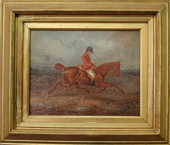 Oil on canvas painting of a foxhunter riding through: Oil on canvas painting of a foxhunter riding through driving rain titled "The Enthusiast" and signed l.r. "H. Clark". Site 7"x9"