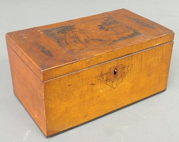 English maple storage box, 19th .c, the lid decorated w: English maple storage box, 19th .c, the lid decorated with drawing of “Will and Tam”. 5”h.x10”w.x5.5”d.