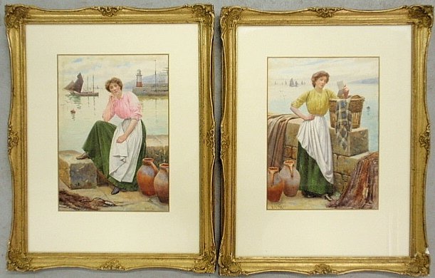 Todd, Ralph [English, 1856-1932] pair of watercolor: Todd, Ralph [English, 1856-1932] pair of watercolor paintings of fisher wives at dockside between chores, each signed "Ralph Todd". Site 15"x10.5"