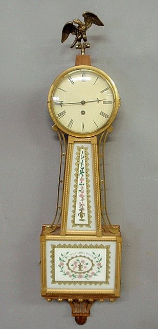 Reproduction mahogany presentation banjo clock "S.: Reproduction mahogany presentation banjo clock "S. Willard's Patent". 40"h.x10"w.