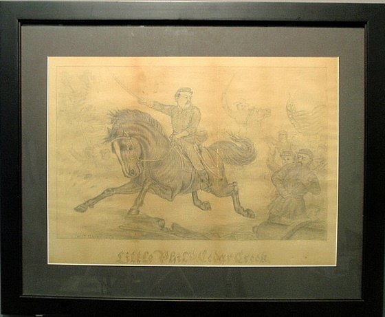 Framed and matted pencil drawing of a Civil War battle: Framed and matted pencil drawing of a Civil War battle "Little Phil at Cedar Creek" (Sheridan, and signed l.l. "H.C. Ostrander". Site 18"x25"