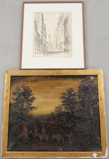 Oil on canvas painting of a sunset initialed "R.A.B.",: Oil on canvas painting of a sunset initialed "R.A.B.", site 19.25"x23.25", as found, and a print of Philadelphia signed "Herbert Pullinger 1938", site 13.5"x11"