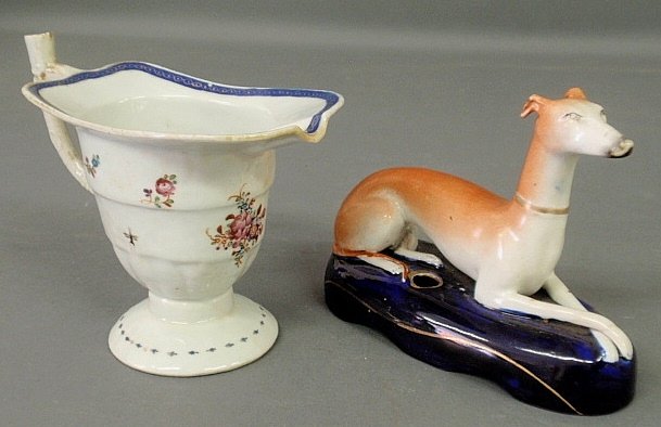 Staffordshire recumbent whippet pen holder 5"h.x6.5"w.: Staffordshire recumbent whippet pen holder 5"h.x6.5"w. and Chinese porcelain helmet creamer.