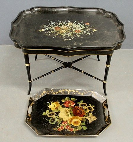Victorian Tole decorated style black tray table: Victorian Tole decorated style black tray table 19"h.x32"w. and a Tole decorated metal tray 22.5"x17"