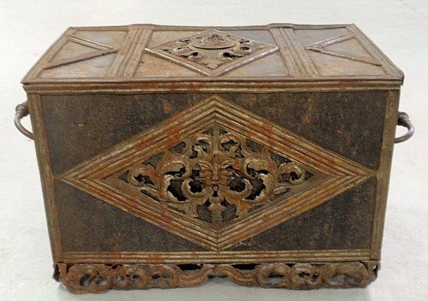 Continental iron strongbox, c.1780, with grotesque mask: Continental iron strongbox, c.1780, with grotesque mask lock cover, box locked & no key. 12"h.x17.5"w.x10.75"d.