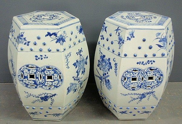 Pair of Chinese blue and white porcelain garden seats,: Pair of Chinese blue and white porcelain garden seats, probably 19th c. 19.5"h.x14"dia.