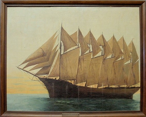 Oil on board painting of a seven-masted schooner titled: Oil on board painting of a seven-masted schooner titled "1899 Thomas W. Lawson 1911", signed l.r. "M.J. Nardino". Site- 18.5"x23.5"