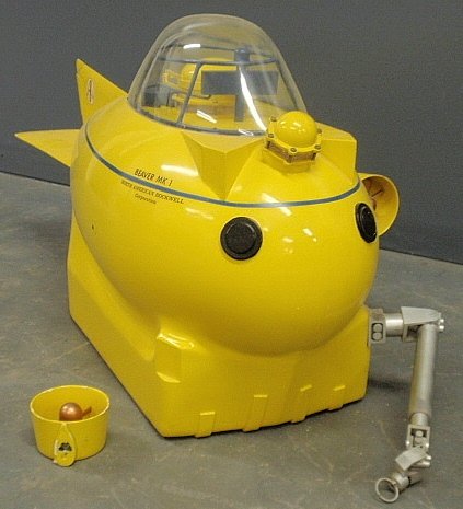 Yellow plastic and aluminum submarine model, c.1968,: Yellow plastic and aluminum submarine model, c.1968, "Beaver MK1" built by Ocean Systems Operation of the North American Rockwell. As found. 19"h.x37"l.x10"w.This is not a toy. It is well made and was
