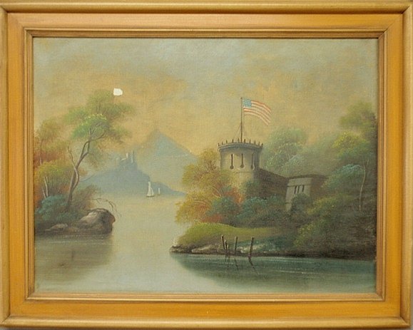 Oil on canvas Hudson River School painting of a: Oil on canvas Hudson River School painting of a fortress on a river with an American flag flying from the tower, late 19th c., and signed verso on stretcher "Von Klemperer". Site- 17.5"x23.5"