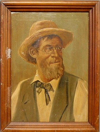 Oil on board portrait of a bearded man, 20th c.,: Oil on board portrait of a bearded man, 20th c., wearing a straw hat, bowtie and straw hat, unsigned. Site- 13.5"x9.5"
