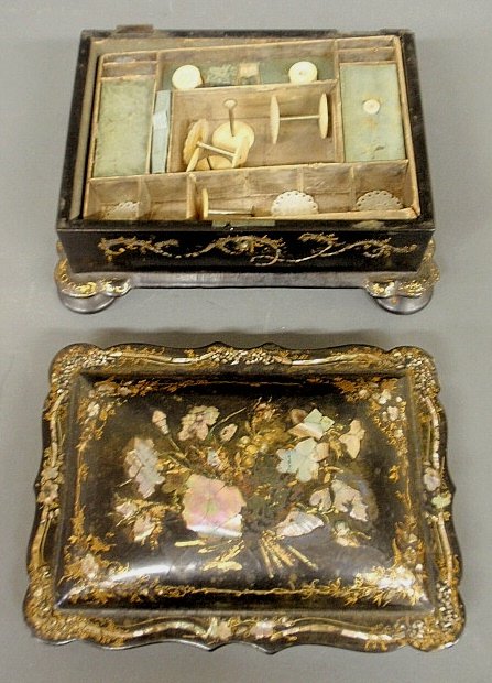 Victorian lacquerware sewing box with mother-of-pearl: Victorian lacquerware sewing box with mother-of-pearl inlays and fitted interior. As found. 5"h.x10"w.x7.5"d.