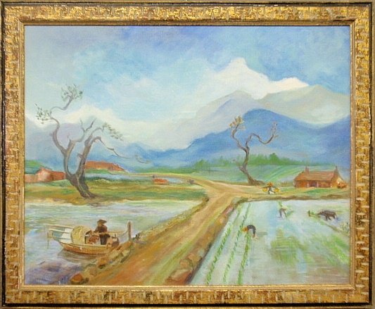Oil on canvas painting of rice paddies titled: Oil on canvas painting of rice paddies titled "Landscape in Taipei- Formosa" by Jane Johnson, 1969. Site- 23.25"x29.5"