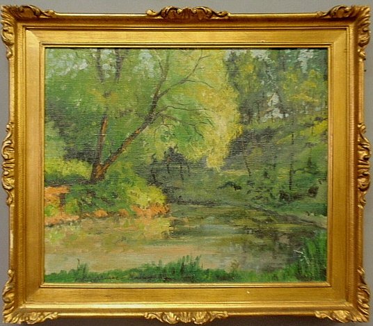 Oil on canvas painting of a summer wooded landscape: Oil on canvas painting of a summer wooded landscape with stream, signed l.l. "Isaac Rad___(?)". Site- 19.5"x23.5"