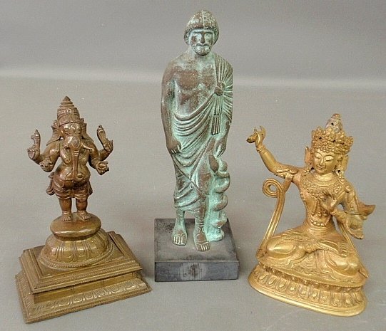 Indian bronze Ganesha figure 7"h.x4.5"w.x3"d., a: Indian bronze Ganesha figure 7"h.x4.5"w.x3"d., a Burmese bronze seated Buddha and a metal statue of a standing man 10"h.