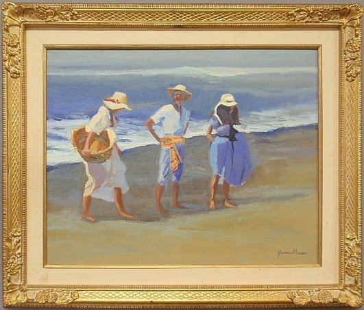 Shuss, Jane [American/California, b. 1936] oil on: Shuss, Jane [American/California, b. 1936] oil on canvas painting of three figures on a beach, signed l.r. "Jane Shuss" and signed and dated verso 1982. Site- 23.5"x29.5"