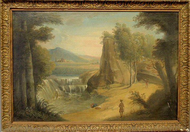 Large oil on canvas Hudson River School landscape: Large oil on canvas Hudson River School landscape painting with waterfalls, woman washing clothes on the bank and two men in tricorn hats, unsigned. Site- 27"x41.5"