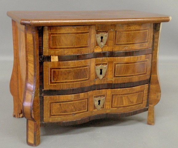 Biedermeier inlaid burl walnut miniature chest of: Biedermeier inlaid burl walnut miniature chest of drawers, c.1830. 10.5"h.x14"w.x7.5"d.