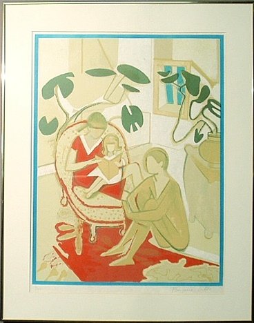Francoise Gilot color lithograph "My Family in: Francoise Gilot color lithograph "My Family in Brittany", signed and numbered #4/150. Site- 32"x25"