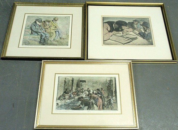 Three framed, matted and signed Joseph Margulies: Three framed, matted and signed Joseph Margulies etchings- "Discussing World Problems", "Riviera Washer Woman" and "Scribes". Site- 9"x12.5" each