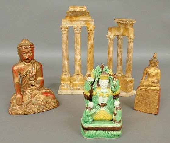 Misc. grouping to incl. two carved alabaster classical: Misc. grouping to incl. two carved alabaster classical column sculptures, largest 13.5"h.x6"w., glazed ceramic Buddha and 2 other Buddha figures, largest 9.5"h.x7"w.