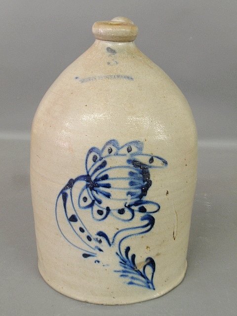 Three-gallon stoneware jug, Roberts (?), Binghamton,: Three-gallon stoneware jug, Roberts (?), Binghamton, N.Y., with blue poppy decoration. 15.5"h.x10"dia.