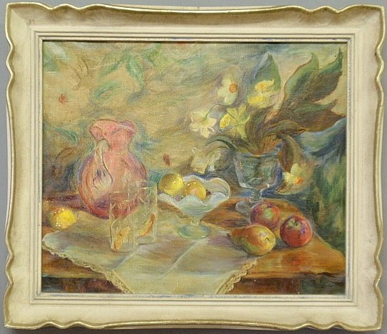 Large oil on canvas still life painting of flowers: Large oil on canvas still life painting of flowers signed verso "Jane Johnson", the frame signed "Badura, New Hope, PA". Site- 25"x30"