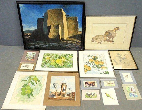 Group of framed and unframed paintings by Marlin Briggs: Group of framed and unframed paintings by Marlin Briggs Ooms including "Hawaiian Nene" 11"x17", oil on board "Rancho De Taos" 23.5"x29.5", and "Aboriginal Bark Painter".
