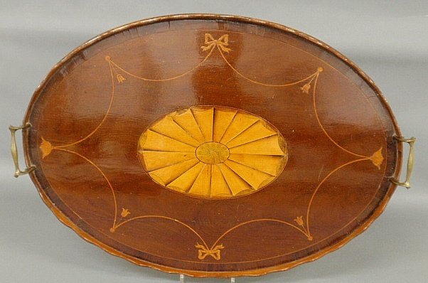 Georgian Adams oval satinwood inlaid mahogany serving: Georgian Adams oval satinwood inlaid mahogany serving tray with brass handles. 2.75"h.x28"l.x19.5"w.
