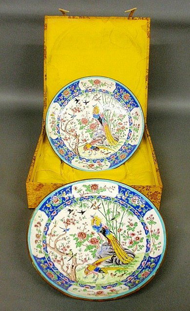 Boxed pair of large colorful cloisonné deep plates,: Boxed pair of large colorful cloisonné deep plates, probably 19th c. 14.25"dia. each