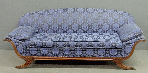Duncan Phyfe style mahogany sofa by Southwood with dark: Duncan Phyfe style mahogany sofa by Southwood with dark blue damask upholstery. 34"h.x84"l.x33"d., seat 19"h.