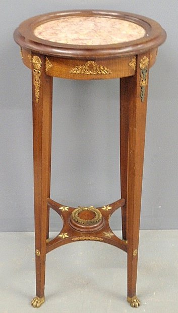 French style fruitwood pedestal, 20th c., with marble: French style fruitwood pedestal, 20th c., with marble top, ormolu mounts and paw feet. 33"h., top 16"dia.