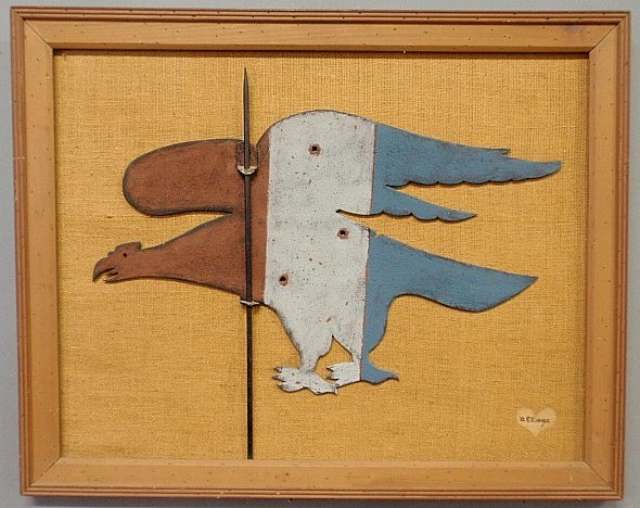 Ellinger, David Y. [American/Pennsylvania, 1913-2003]: Ellinger, David Y. [American/Pennsylvania, 1913-2003] mixed media composition with an unusual flat carved eagle weathervane type form painted red, white and blue, mounted on burlap and all in a carved