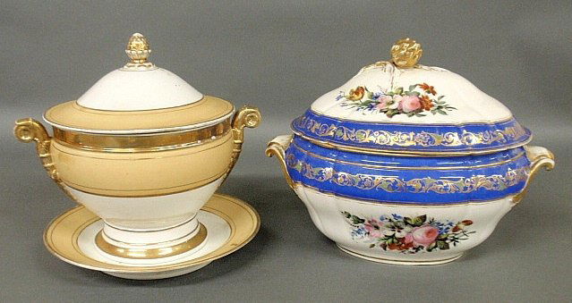 Large Paris porcelain soup tureen, blue and white with: Large Paris porcelain soup tureen, blue and white with gilt and floral decoration 12"x14", and another tureen 11"x10"