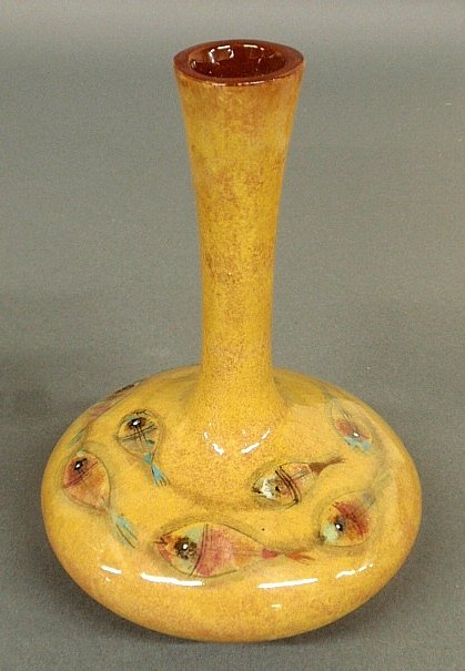 Polia Pillin pottery vase with colorful fish decoration: Polia Pillin pottery vase with colorful fish decoration on a yellow reserve, the base signed "Pillin" (Polia Pillin, 1909-1992). 8"h.x5.5"dia.
