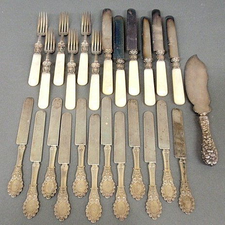 Set of twelve American silver luncheon knives by Wood &: Set of twelve American silver luncheon knives by Wood & Hughes 1864, 7.75"l., six forks & knives all with mother-of-pearl handles and sterling silver bands, and a Stieff sterling silver handled cake k