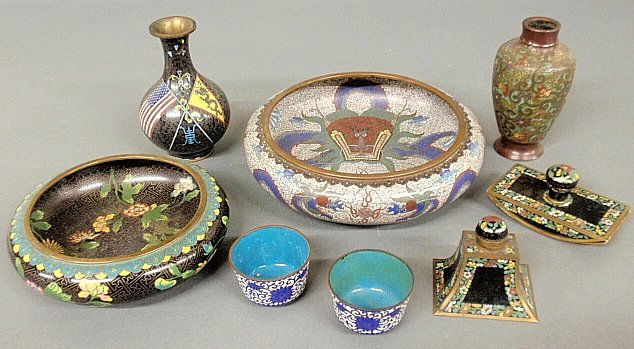 Group of cloisonné to incl. 2 large bowls 10.5": Group of cloisonné to incl. 2 large bowls 10.5" &8"dia., unusual vase with a 49 star American flag, small vase, two small cups, and a matching inkwell & blotter.